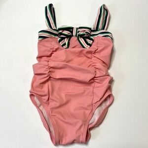 Janie & Jack Baby Girls One Piece Swimsuit 12-18 M Pink Bow Stripes Nautical